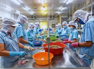 Workers processing frog legs in Vietnam seafood quality control service