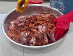 Vietnam Frozen Grill Seasoned Cut Poulp Squid (Frozen Seasoned Mada Cut) Being Marinated