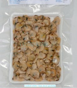 Frozen Cooked White Clam Meat in retail trays and bags produced in Vietnam