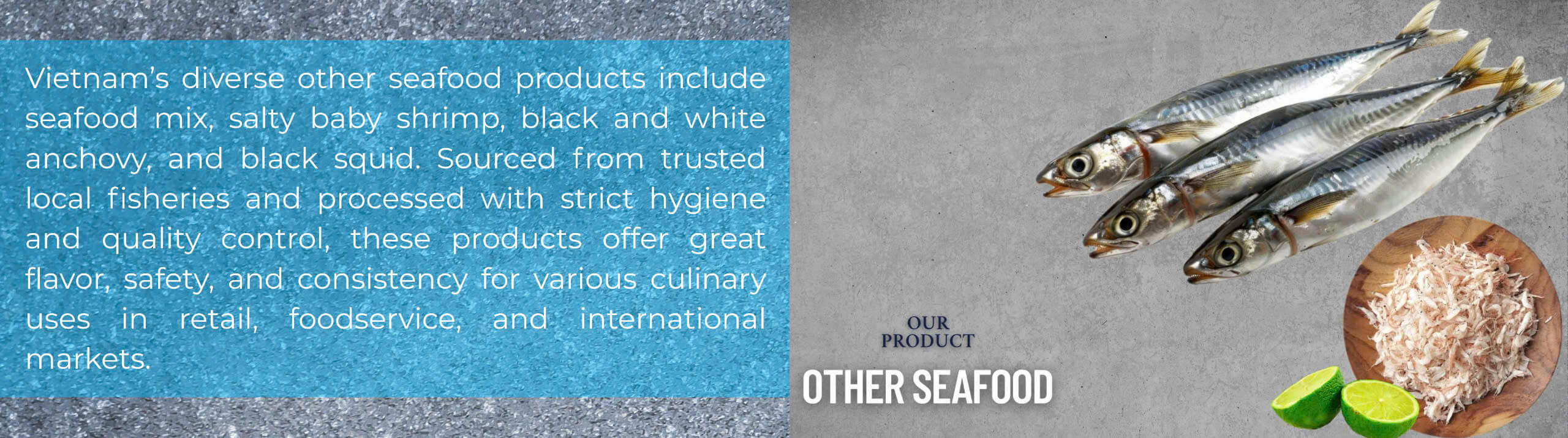 Other seafood products panel – Seafood mix, salty baby shrimp, black and white anchovy, black squid from Vietnam