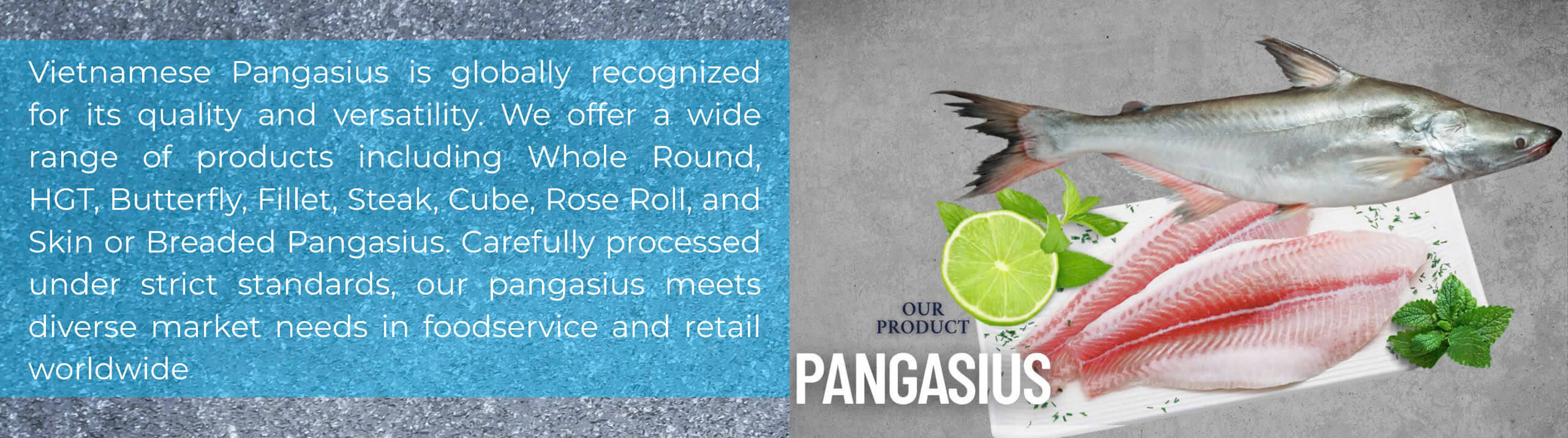 Pangasius products panel – Whole, HGT, butterfly, fillet, steak, cube, breaded, and more from Vietnam