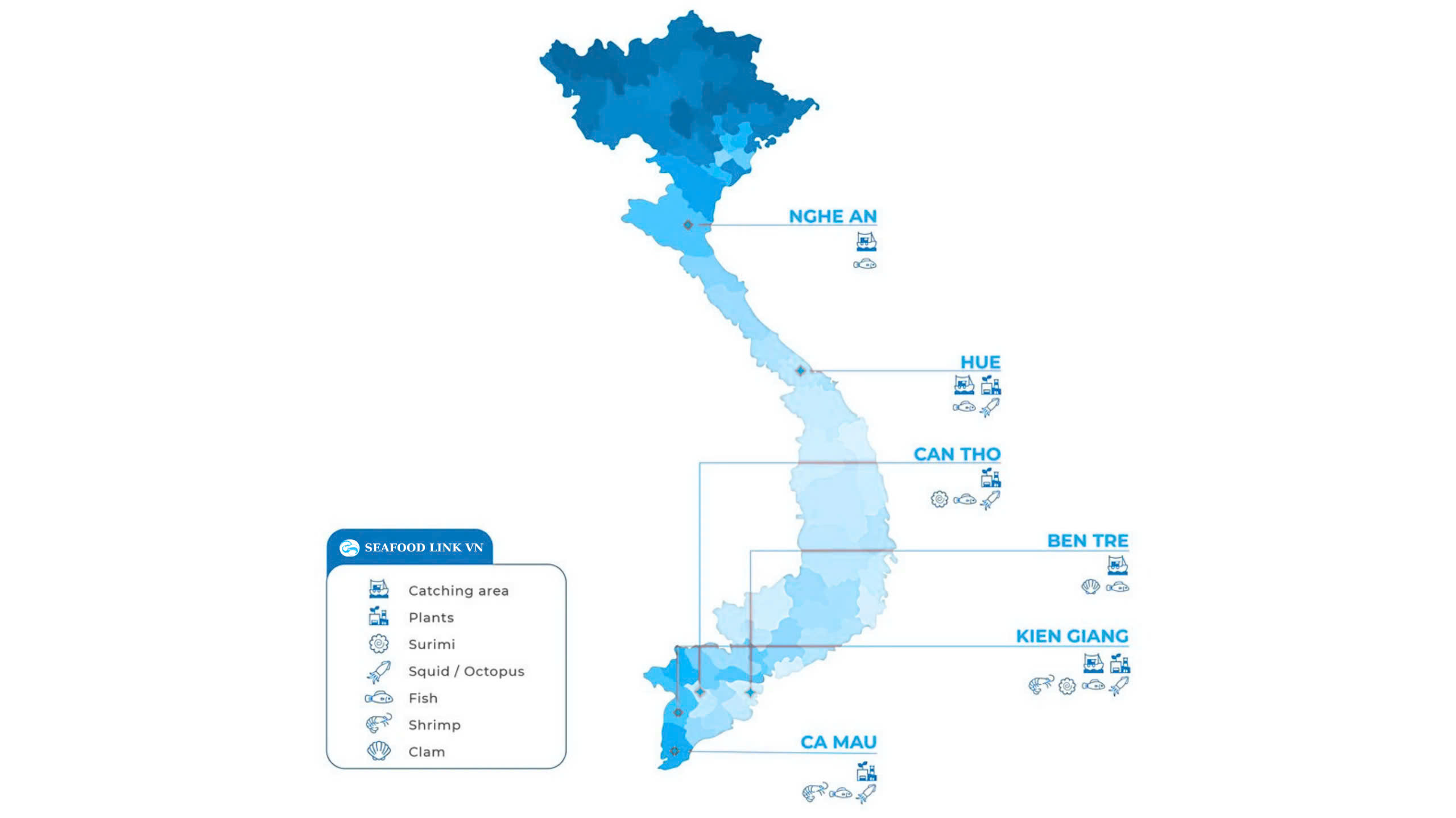 Map of seafood catching and aquaculture zones in Vietnam highlighting key coastal regions