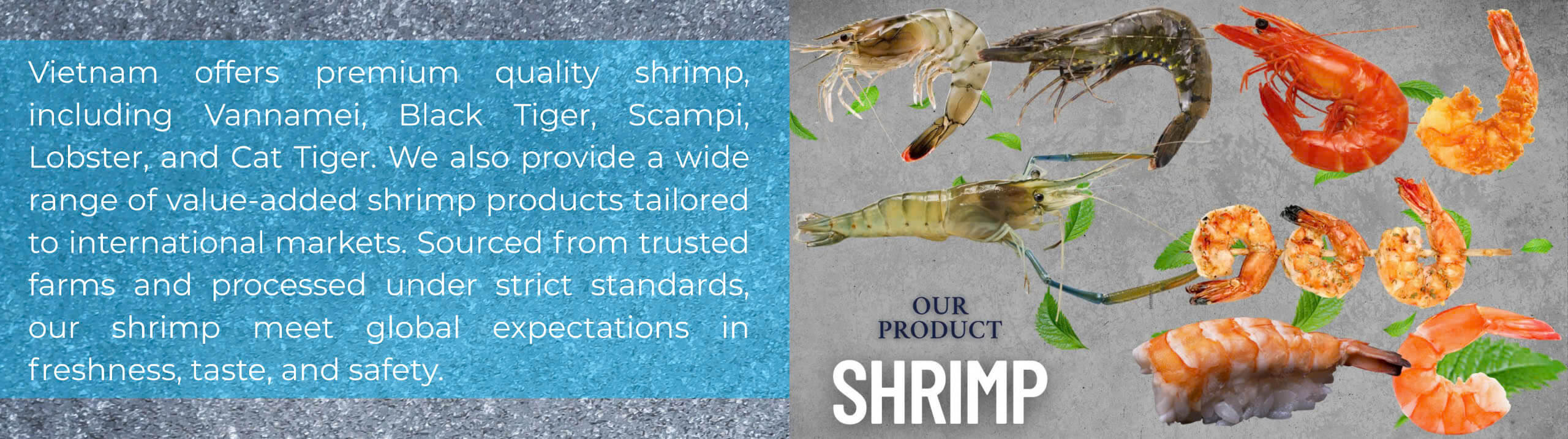 High-quality farmed and sea-caught shrimps from Vietnam including Vannamei, Black Tiger, Argentina Red Shrimp, Scampi, Cat Tiger, and Lobster