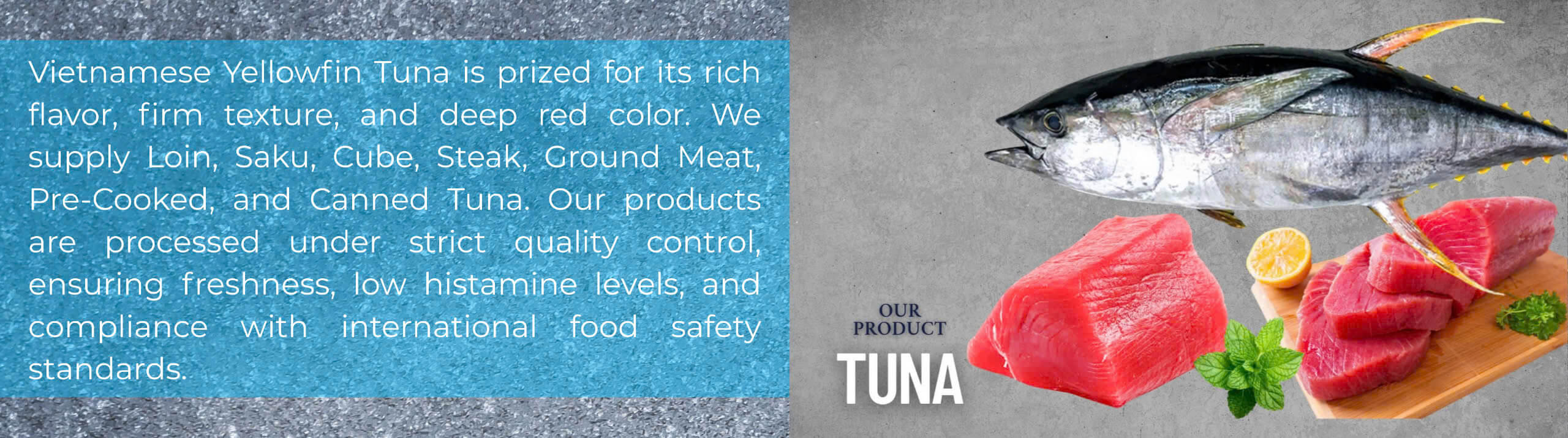 Yellowfin tuna products panel – Loin, saku, cube, steak, ground meat, and pre-cooked from Vietnam